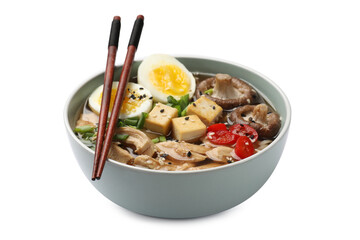 Bowl of delicious ramen and chopsticks isolated on white. Noodle soup