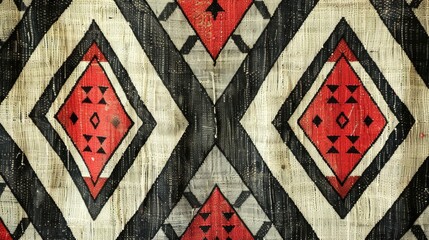 a traditional Sadu weaving pattern. It's a highly geometric pattern with repeated diamond shapes and a limited color palette of red, black, white, and gray, often seen in Arabian handwoven textiles - obrazy, fototapety, plakaty