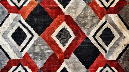 a traditional Sadu weaving pattern. It's a highly geometric pattern with repeated diamond shapes and a limited color palette of red, black, white, and gray, often seen in Arabian handwoven textiles