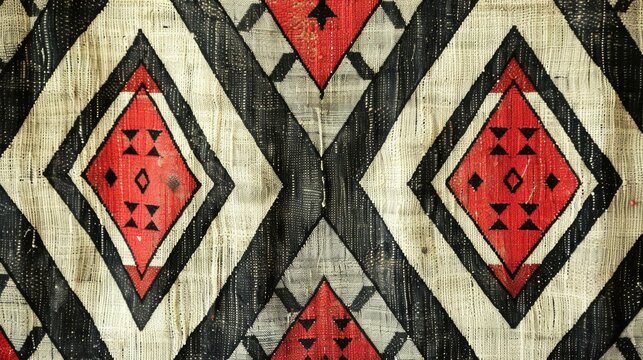 a traditional Sadu weaving pattern. It's a highly geometric pattern with repeated diamond shapes and a limited color palette of red, black, white, and gray, often seen in Arabian handwoven textiles