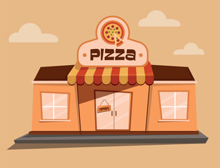 Cartoon cute pizzeria building with signboard and clouds
