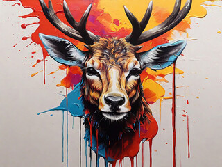 Vibrant Animal Head Painting with Dripping Paint Background