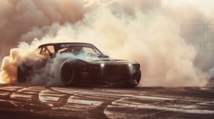 Muscle car drifting on track, intense speed and smoke effects - obrazy, fototapety, plakaty