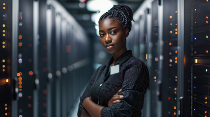 Confident young woman standing in a data center with racks of network servers and glowing lights in the background