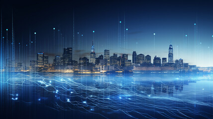Blue computer screen, city skyline mixed with graphs and data. Technology, future, ai, data processing