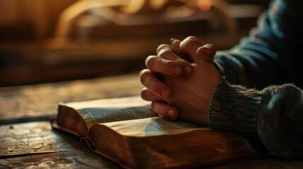 Person's hands folded in prayer over an open, well-worn bible, resting on a wooden table