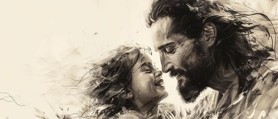 Fototapeta premium Portrait of Jesus Christ with a child, black and white. The child clings to Jesus