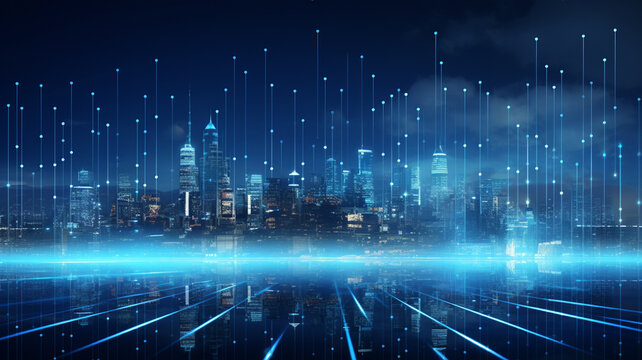 Blue computer screen, city skyline mixed with graphs and data. Technology, future, ai, data processing