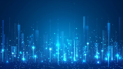 Blue computer screen, city skyline mixed with graphs and data. Technology, future, ai, data processing