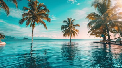 Fototapeta na wymiar Tropical Infinity Pool with Palm Trees Overlooking Ocean
