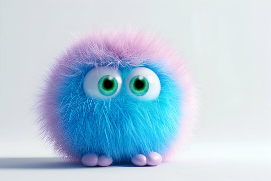 Cute fluffy blue monster on gray background
