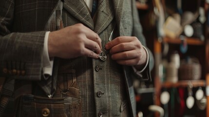 Close-up of tailor's hands working on tweed jacket.