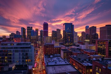 Rooftop sunset view, cityscape aglow photography
