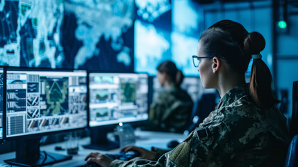 military personnel is focused on monitoring multiple computer screens in a high-tech surveillance room with global maps and data on the screens