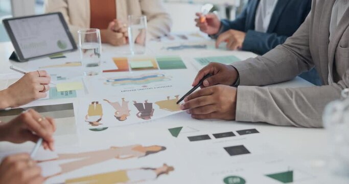 Team, paper and meeting with planning for fashion design, project and feedback on style choice. Creative agency, brainstorming and teamwork with documents for strategy, discussion and decision