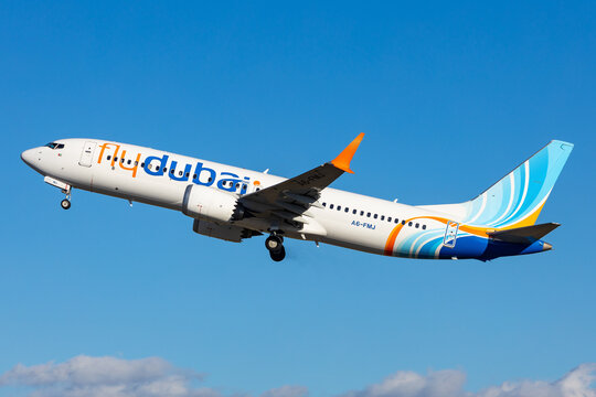 Salzburg, Austria - January 27, 2024: Fly Dubai, FlyDubai departing with blue sky in the background