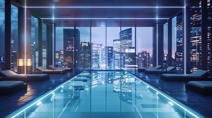Step into luxury with this AI-captured image of a rooftop swimming pool, surrounded by glass walls that offer panoramic views of the city skyline, with elegant loungers, sleek lighting. - obrazy, fototapety, plakaty