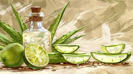 Aloe vera gel in a bottle with aloe vera plant and lemons on the background