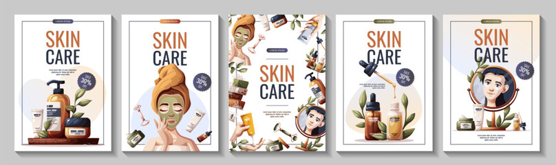 Set of flyers with woman, cosmetics, beauty products. Beauty, skin care, cosmetic, spa, shower concept. Vector illustration for banner, promo, poster.