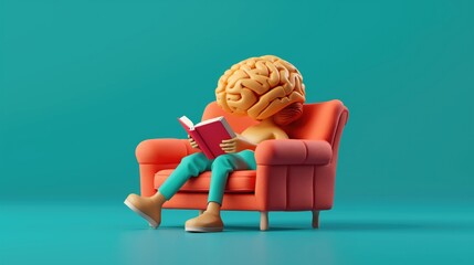 Closeup human brain character reading a book while sitting on the armchair on isolated blue background