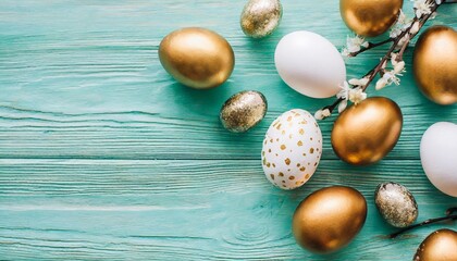 Obraz na płótnie Canvas festive easter background with painted golden decoration on easter eggs on beautiful turquoise table top view and fashion flat lay style