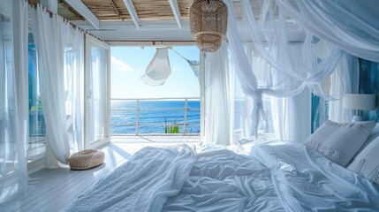 Fototapeta na wymiar Airy seaside bedroom oasis featuring white and blue hues, delicate curtains, natural fibers, and expansive ocean views