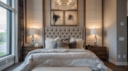 Modern luxury bedroom with striking headboard, sophisticated lighting, plush fabrics in monochrome tones, and distinctive artwork