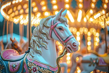 Fair carousel ride for child, Horse ride with string lights bokeh background
