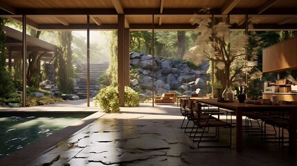 an AI visualization of a spacious indoor-outdoor mid-century modern living and dining area