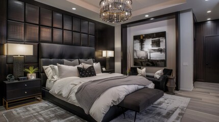 A grandiose bedroom styled with a prominent headboard, upscale lighting, lush monochromatic fabrics, and eye-catching artwork