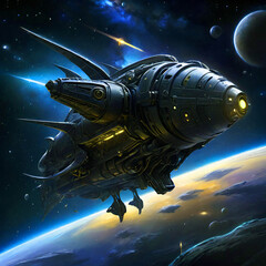 Obraz premium spaceship in space, orbiting around a planet, generative ai illustration