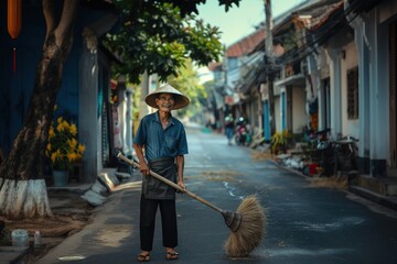 A happy janitor sweeps the street.	
