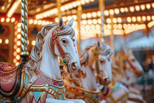 Fair carousel ride for child, Horse ride with string lights bokeh background