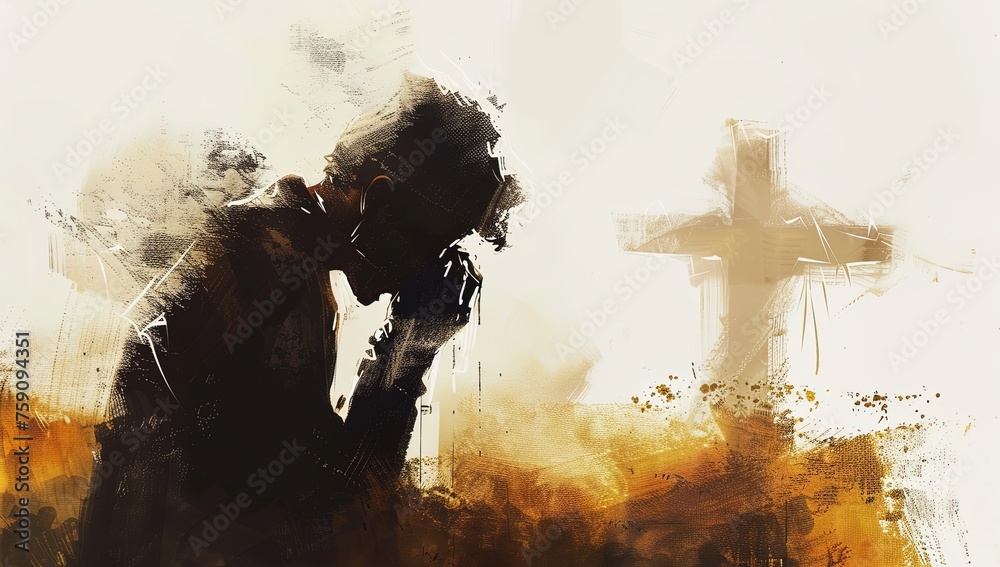 Wall mural Man praying in front of a cross.