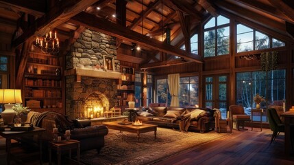 Autumn whispers in the spacious living area adorned with wooden beams, a cozy stone hearth, soft lighting, and timeless leather seating - obrazy, fototapety, plakaty