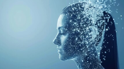 Digital human profile disintegrating into data pixels on blue backdrop