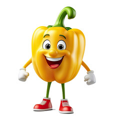 3D tiny cartoon character of yellow bell pepper with eyes, arms, legs on white transparent background. promote healthy kid's eating, nutrition education, childrens books, fun mascot to sell vegetables