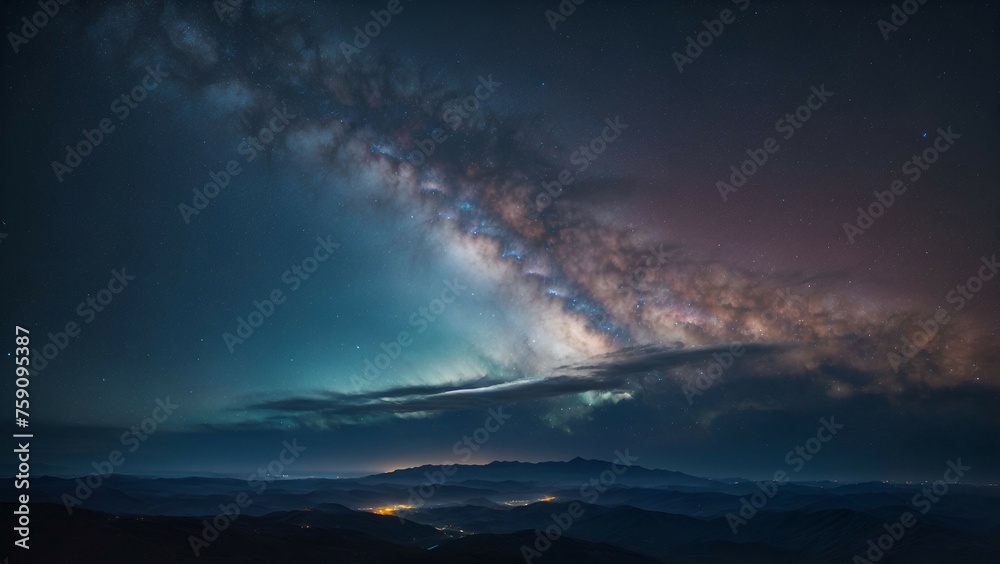 Wall mural Night sky with stars and milky way above the clouds.