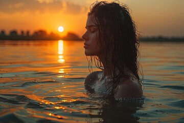 Portrait of woman praying God in the water at sunset.	