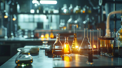 An atmospheric shot of a laboratory bench bathed in soft lighting, with test tubes and beakers...