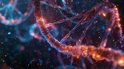 Foto op Aluminium Glowing red DNA strands spiraling in a digital microcosm © flashmovie