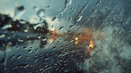 Mesmerizing sight of raindrops pelting against a windshield, creating an immersive experience of a rainy day drive - obrazy, fototapety, plakaty