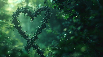 An awe-inspiring view of a DNA helix forming the silhouette of a heart, surrounded by the lush foliage of a forest against a backdrop of deep green hues. 8K.