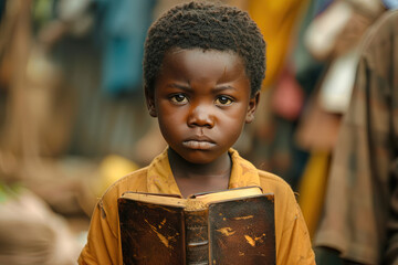 Poor young african kid with Bible.	