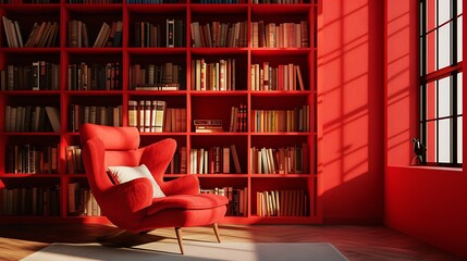 a red cozy home library scene with a Scandinavian touch, showcasing a well-organized bookcase paired with a comfy armchair in a contemporary room setting