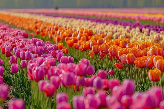 Vivid tulip flower fields in full bloom background