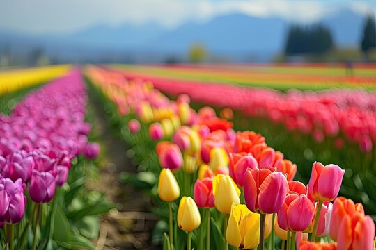 Vivid tulip flower fields in full bloom background