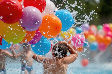 Child water balloon fight in swimming pool