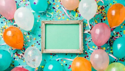 top down view of an elegant frame surrounded by vibrant balloons and confetti empty blank label cardboard box word solid background in turquoise