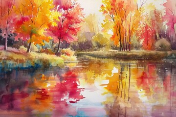 Watercolor painting by the river
